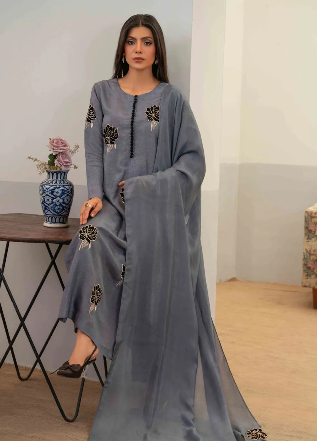 Louis by Hadia Batool Pret Embroidered Raw Silk 3 Piece Suit Reine