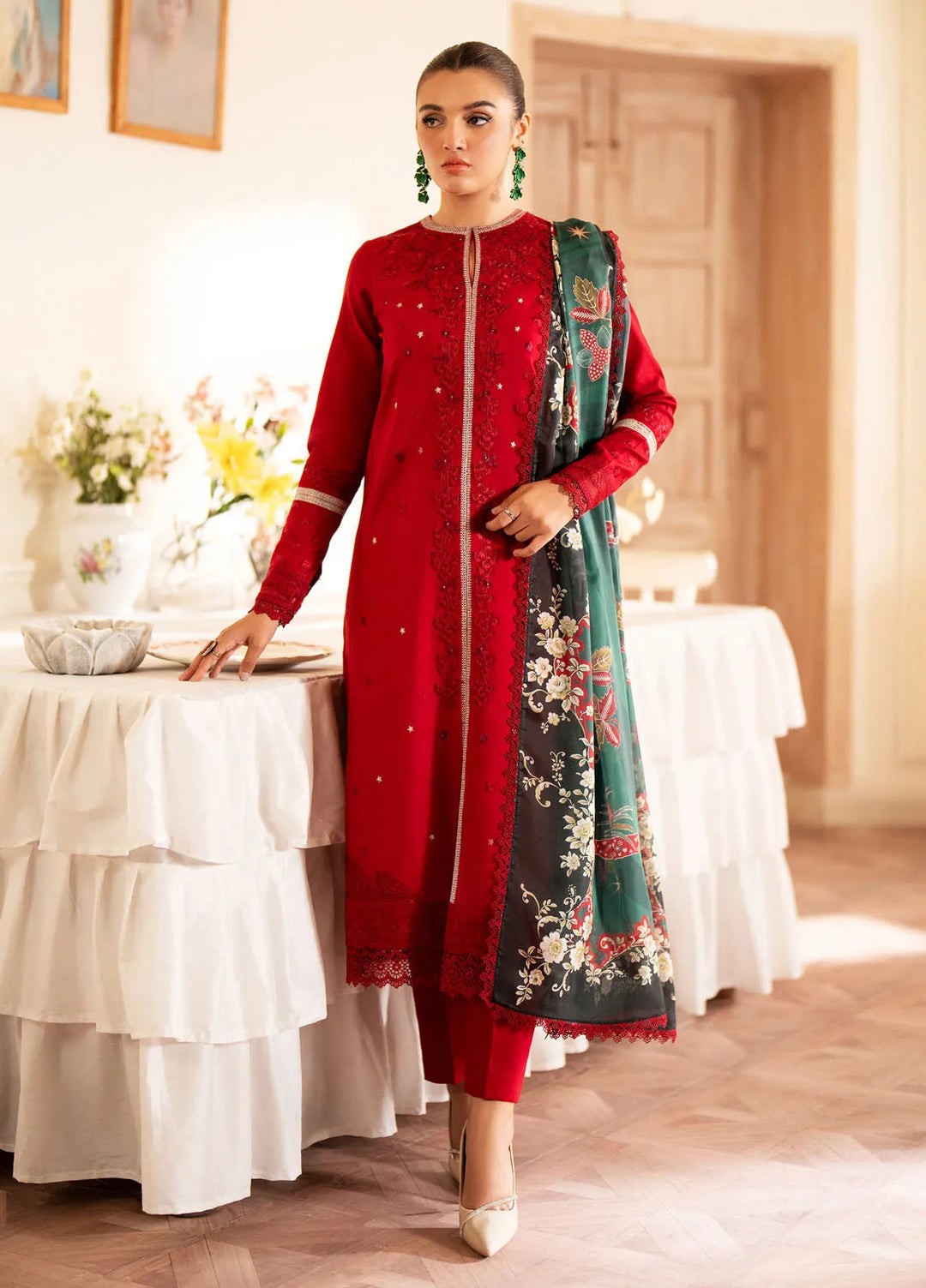 Lumiere By Saad Shaikh Embroidered Silk Suit Unstitched 3 Piece SSK24LF D-07 Coral - Formal Collection