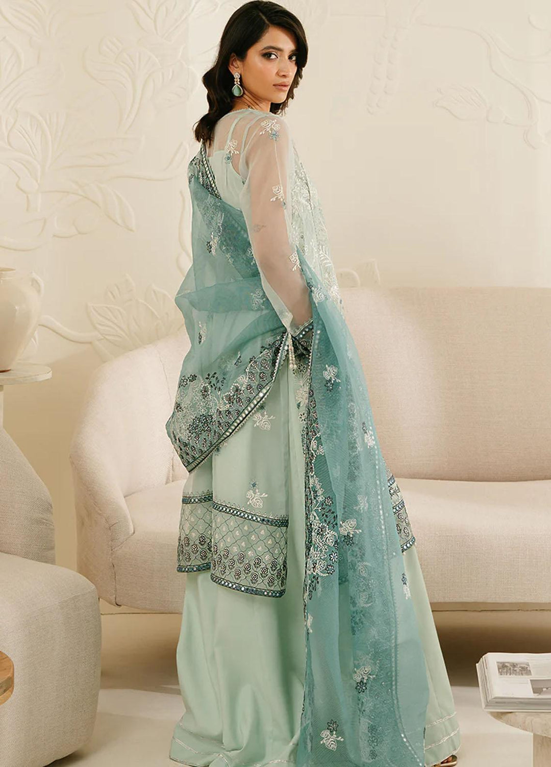 Luxe Atelier By Cross Stitch Embroidered Organza Suits Unstitched 4 Piece CS23LALU D-02 Aquamarine Azure - Luxury Collection