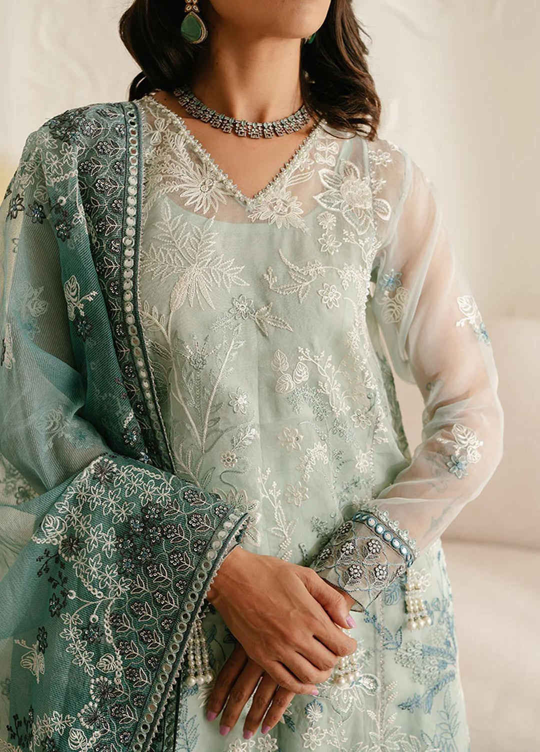 Luxe Atelier By Cross Stitch Embroidered Organza Suits Unstitched 4 Piece CS23LALU D-02 Aquamarine Azure - Luxury Collection