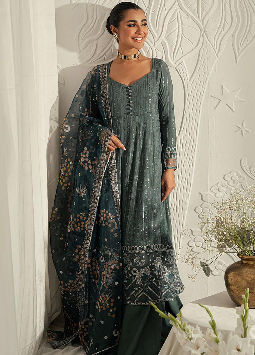 Luxe Atelier By Cross Stitch Embroidered Silk Suits Unstitched 4 Piece CS23LAL D-08 Vintage Ebony - Luxury Collection