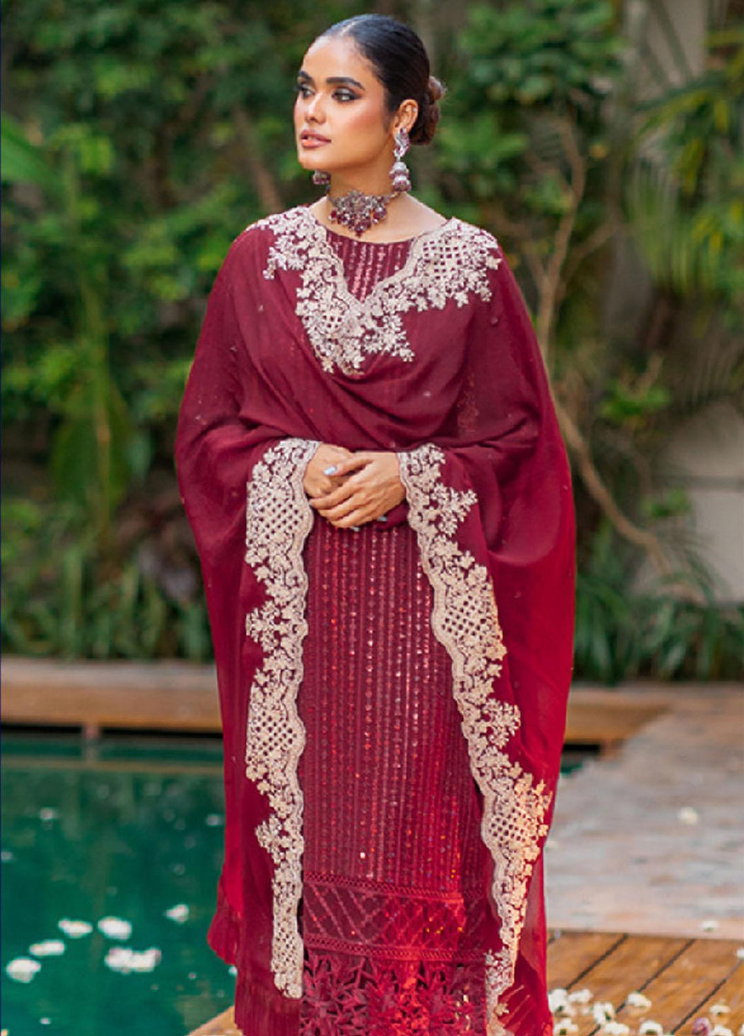 Luxe By Azure Embroidered Chiffon Suits Unstitched 3 Piece AZU23LE3 AS-116 Crimson Rush - Festive Collection