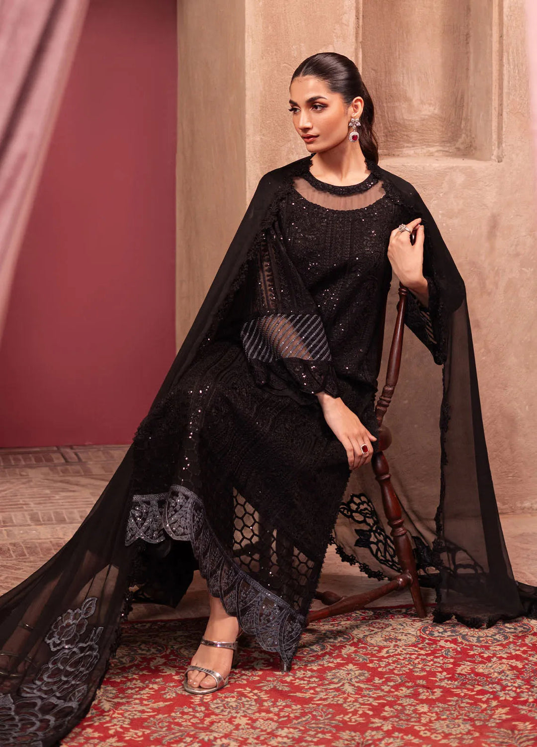 Luxe by Azure Embroidered Chiffon Suit Unstitched 3 Piece AZU24L Noir Mystique - Formal Collection