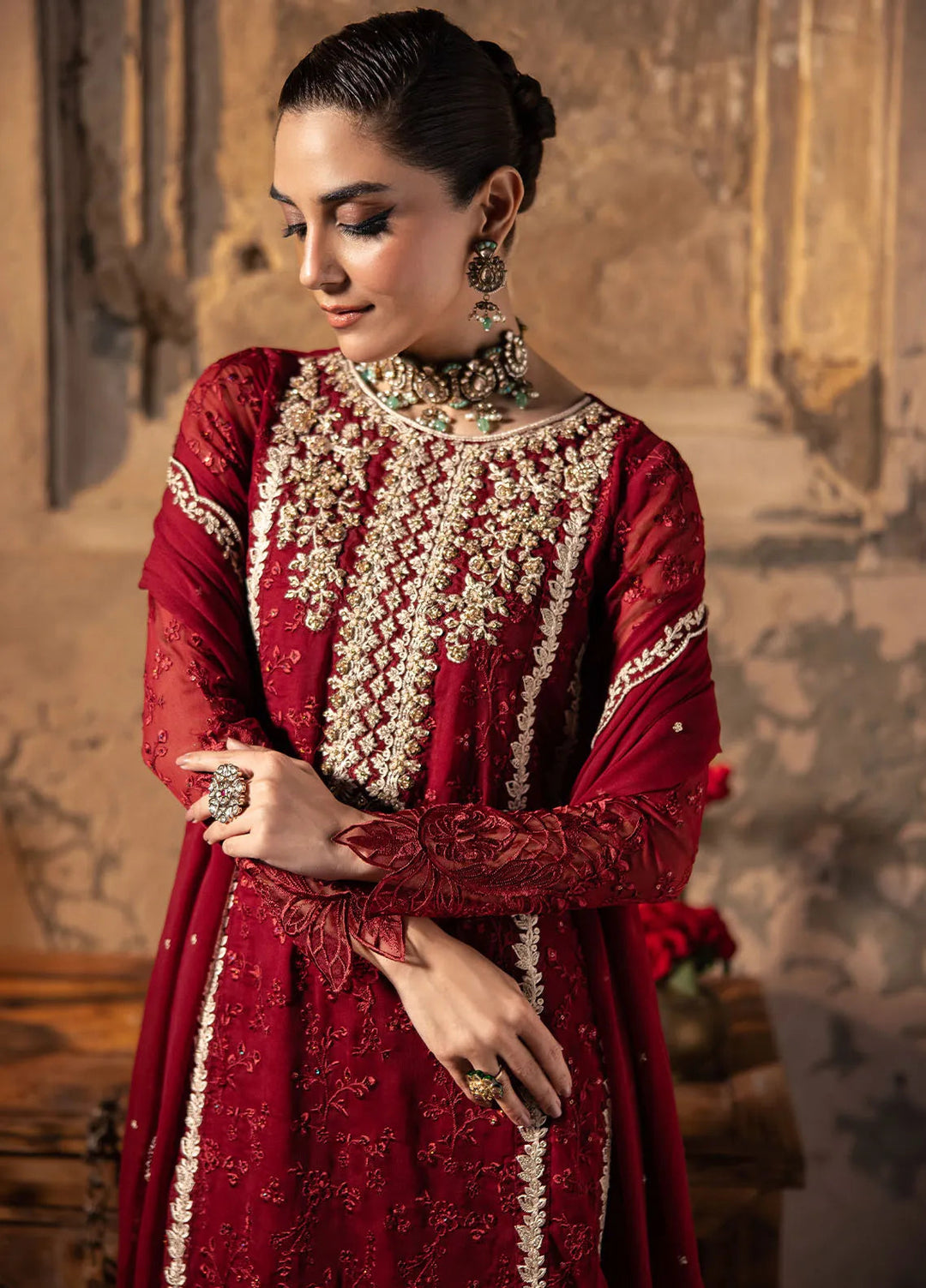 Luxe by Azure Embroidered Chiffon Suit Unstitched 3 Piece AZU24L Royal Crimson - Formal Collection