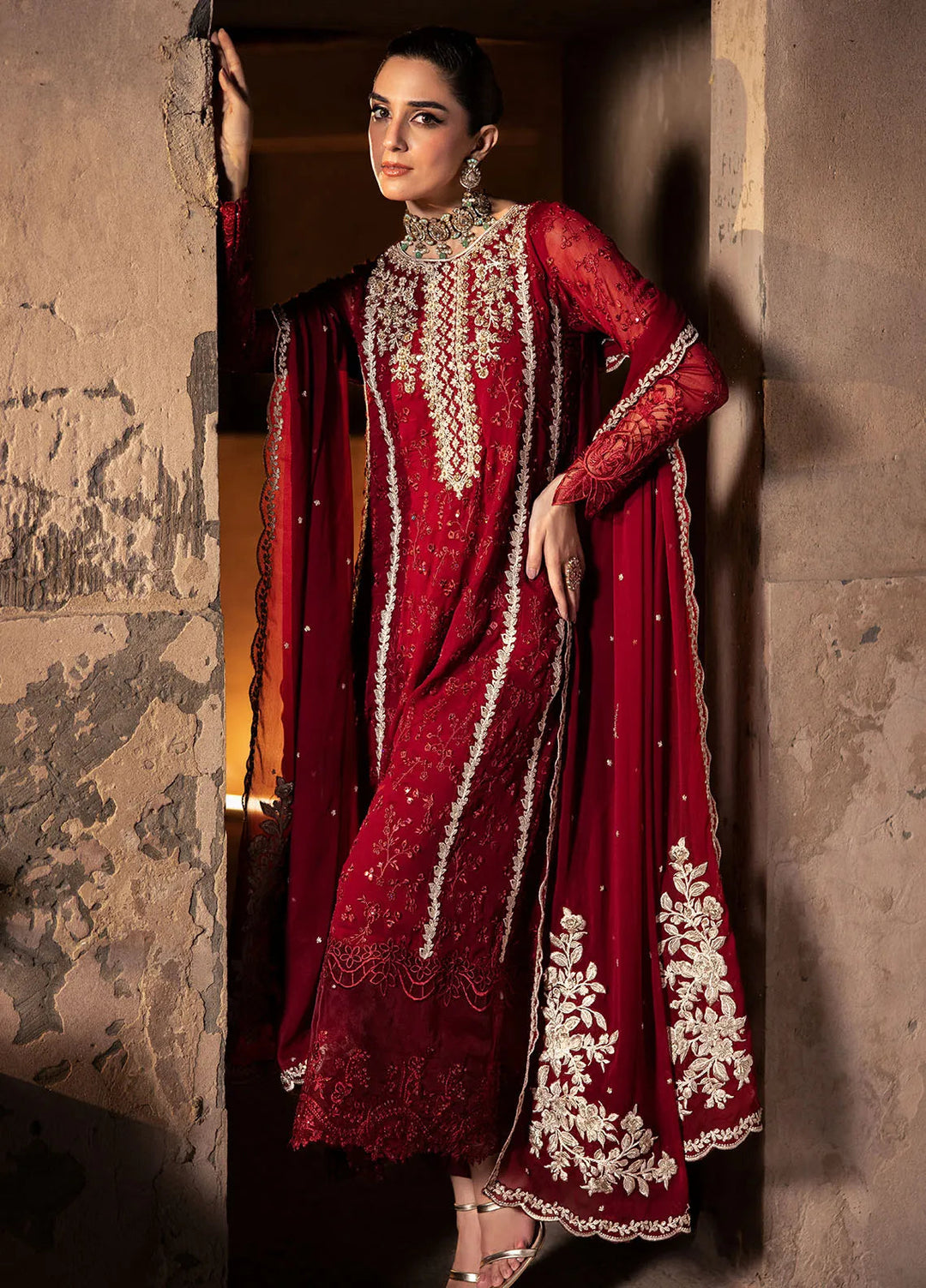 Luxe by Azure Embroidered Chiffon Suit Unstitched 3 Piece AZU24L Royal Crimson - Formal Collection
