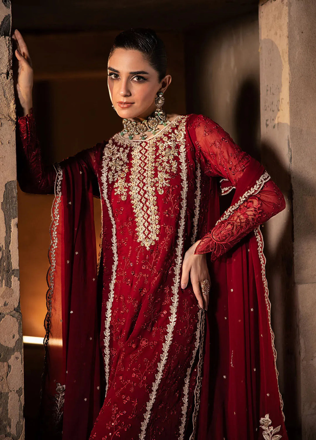 Luxe by Azure Embroidered Chiffon Suit Unstitched 3 Piece AZU24L Royal Crimson - Formal Collection