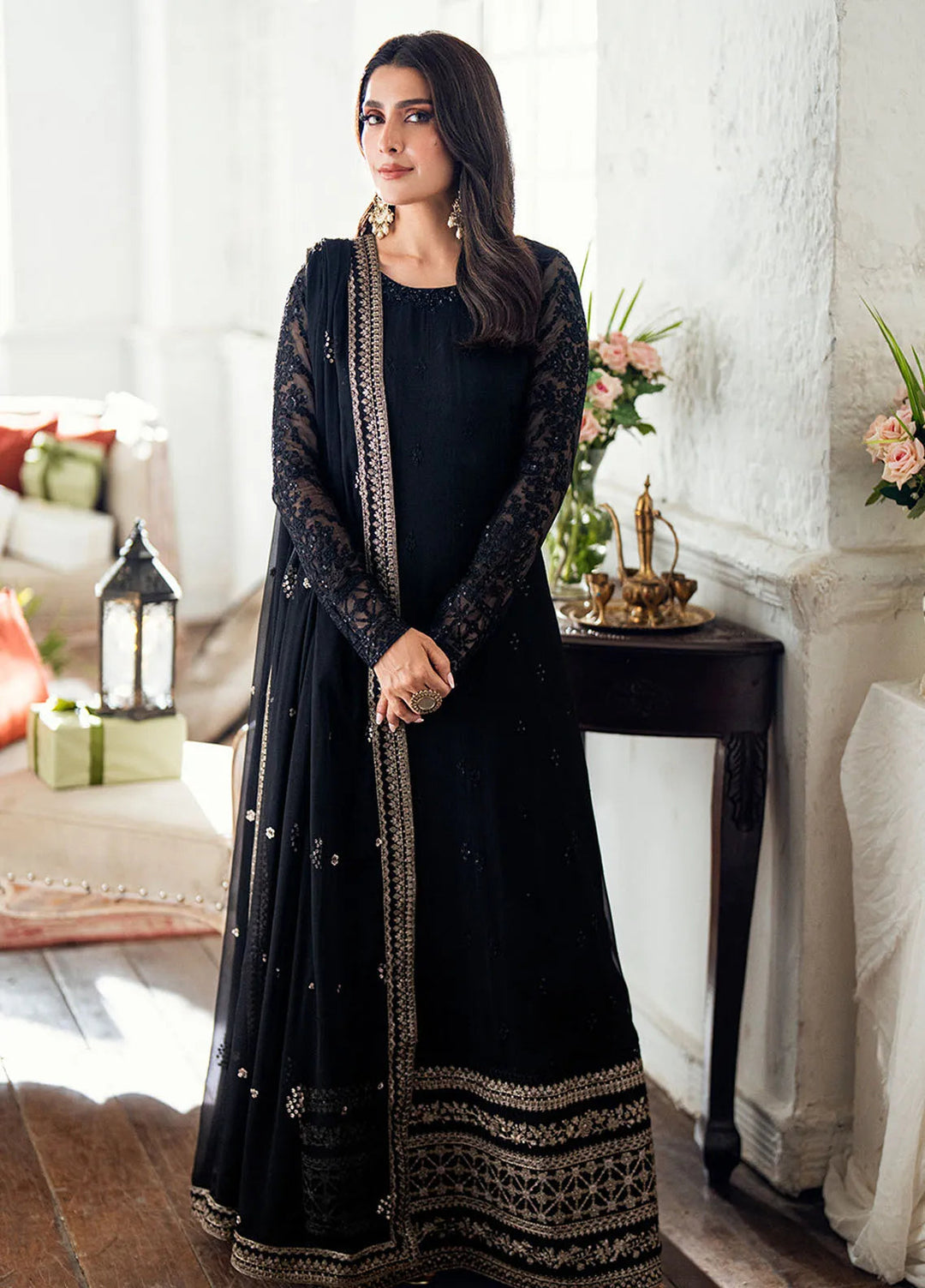Luxe by Azure Embroidered Chiffon Suits Unstitched 3 Piece AZU25ED3 Caviar Noir - Festive Collection