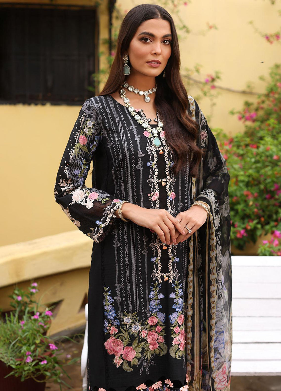 Luxe By Elaf Embroidered Lawn Suits Unstitched 3 Piece EF23LX ELJ-03A Black Swan - Luxury Collection