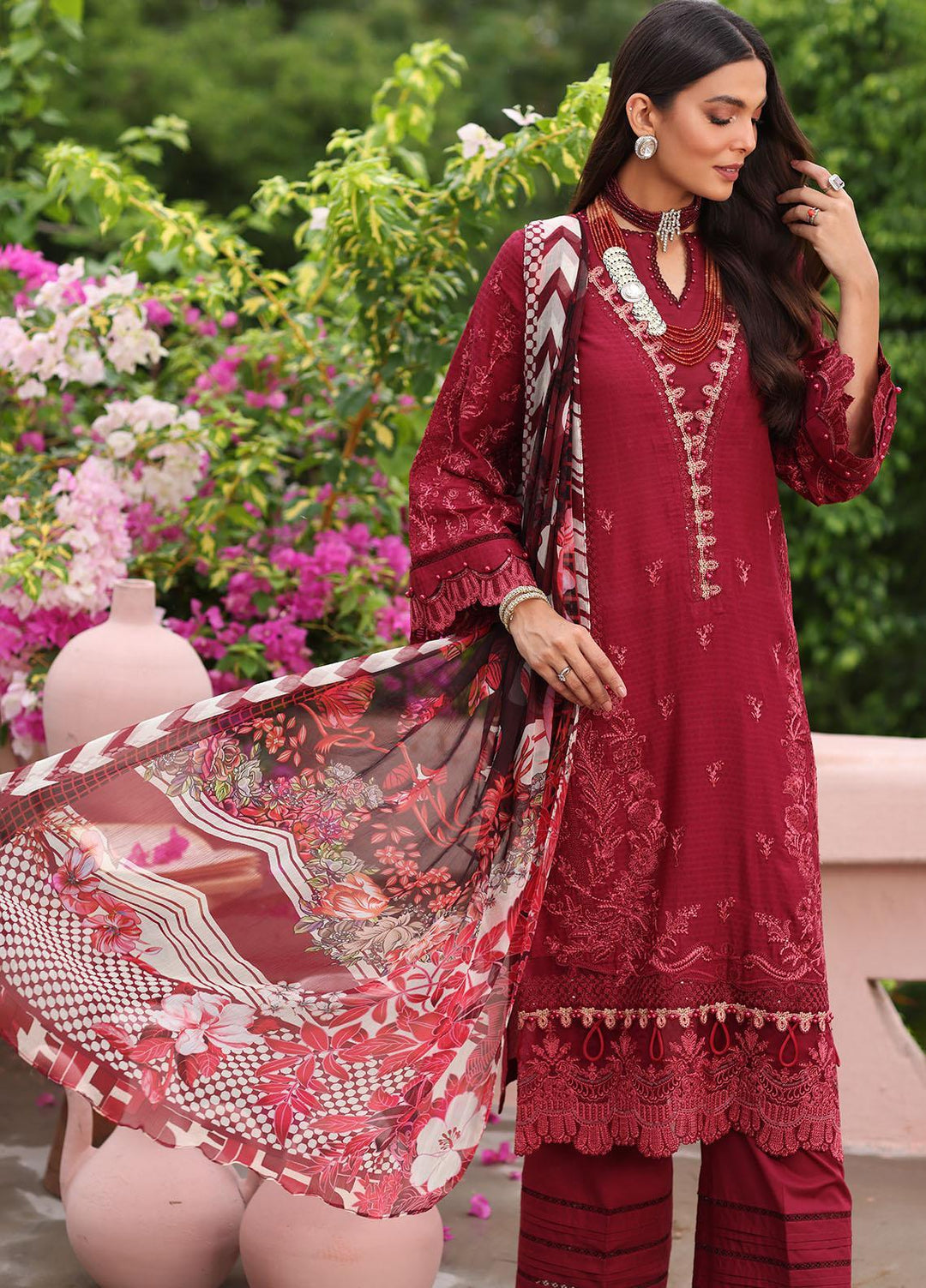 Luxe By Elaf Embroidered Lawn Suits Unstitched 3 Piece EF23LX ELJ-04A Crimson - Luxury Collection