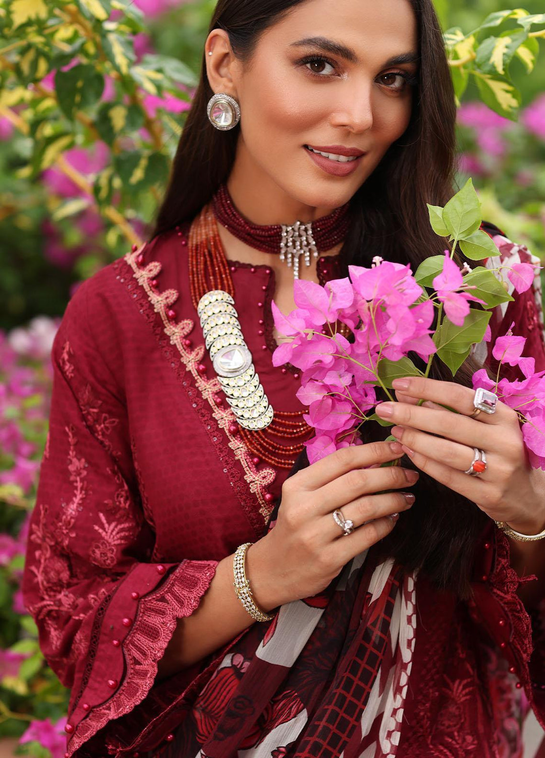 Luxe By Elaf Embroidered Lawn Suits Unstitched 3 Piece EF23LX ELJ-04A Crimson - Luxury Collection