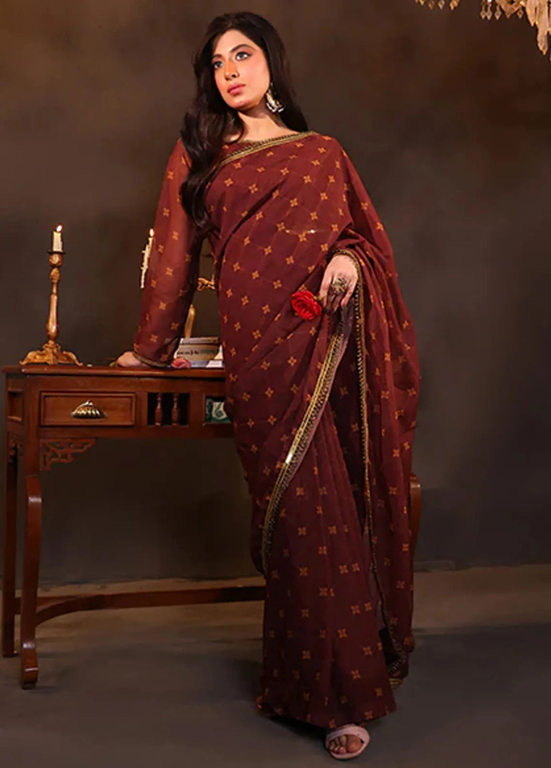 Luxe Layers by Nazmina Pret Embroidered Chiffon Saree Maroon Radiance LL-06