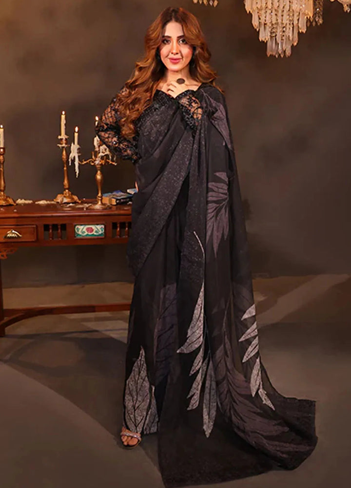 Luxe Layers by Nazmina Pret Embroidered Chiffon Saree Noir Leaf Symphony LL-09