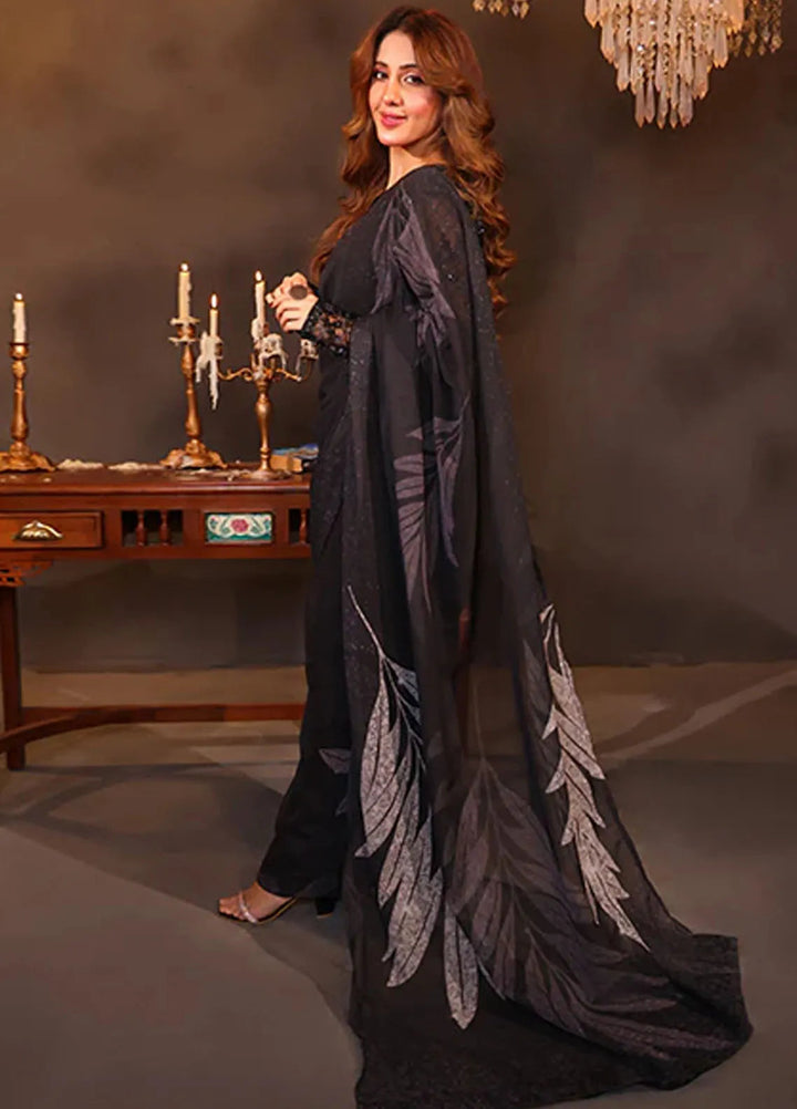 Luxe Layers by Nazmina Pret Embroidered Chiffon Saree Noir Leaf Symphony LL-09