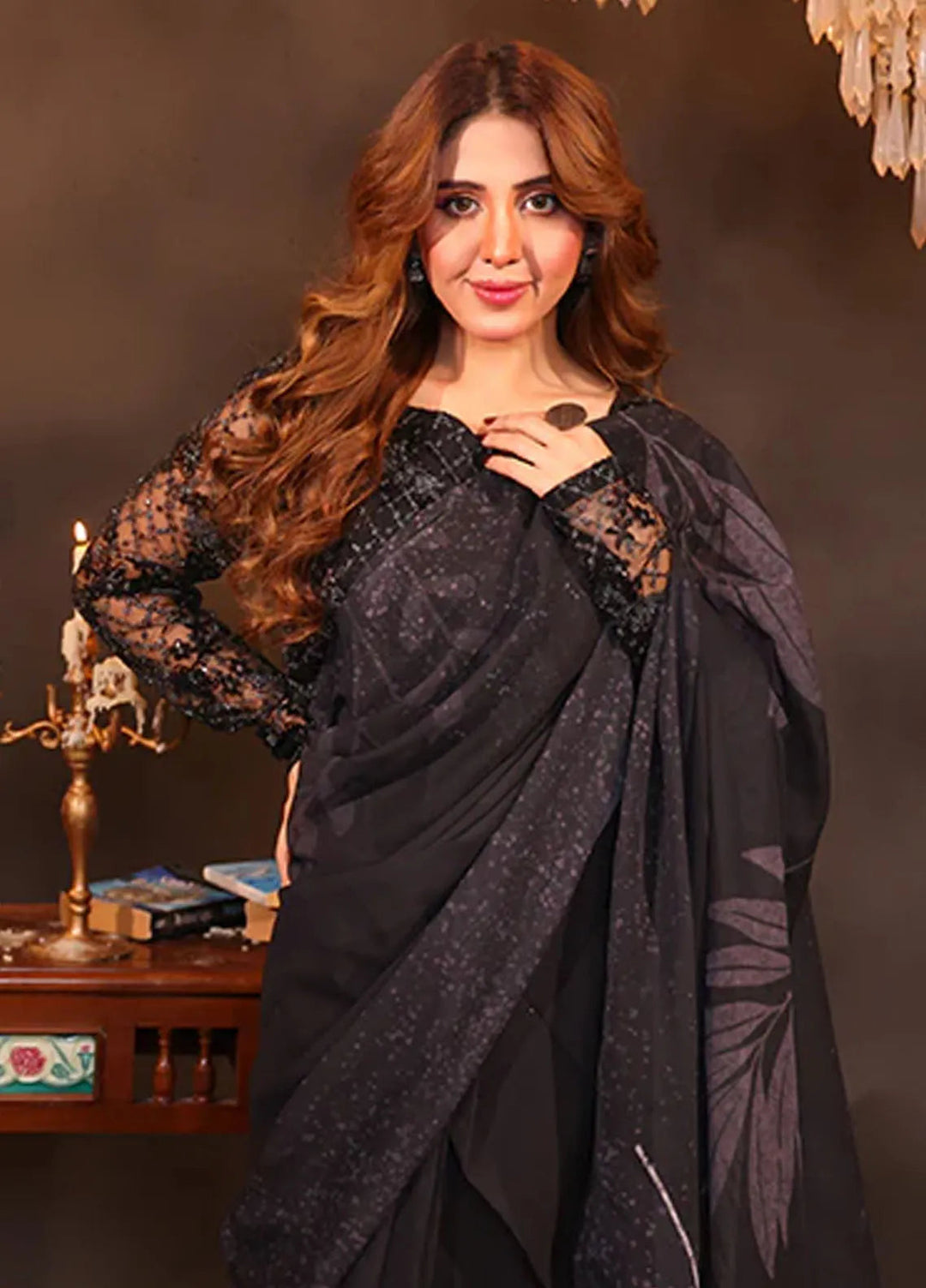 Luxe Layers by Nazmina Pret Embroidered Chiffon Saree Noir Leaf Symphony LL-09