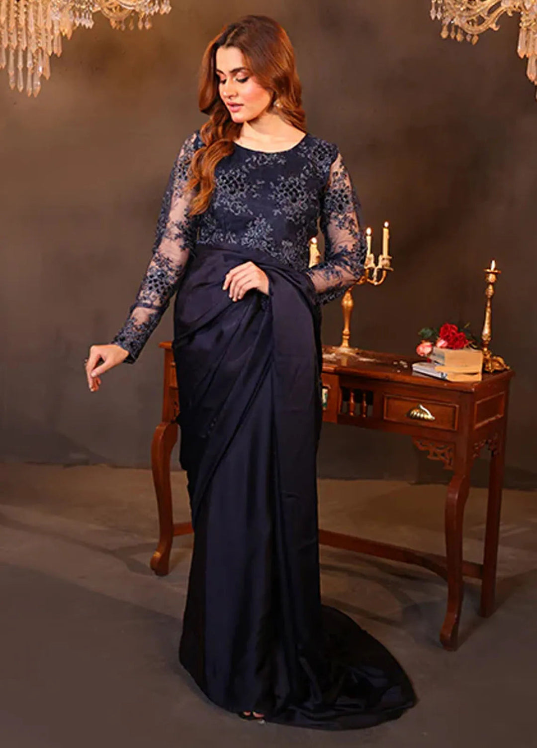 Luxe Layers by Nazmina Pret Embroidered Silk Saree Dark Enchantment LL-04