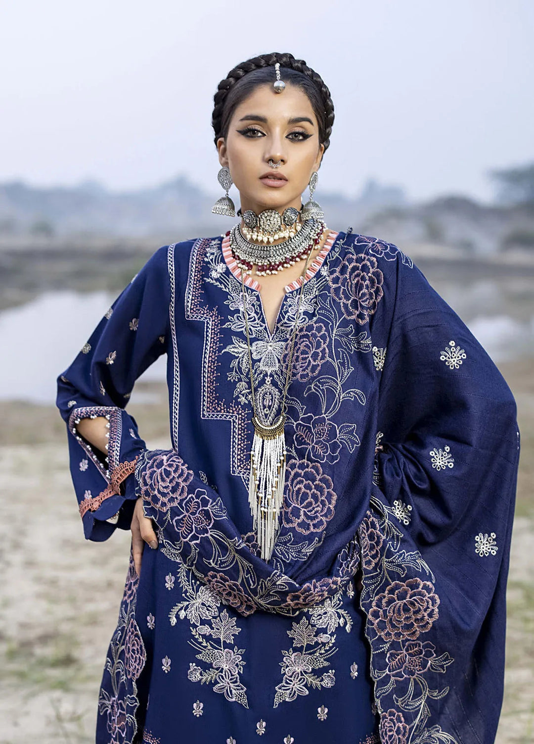 Lyra by Meerak Embroidered Peach Wool Suit Unstitched 3 Piece MRK24LW D-02 Lahu - Winter Collection