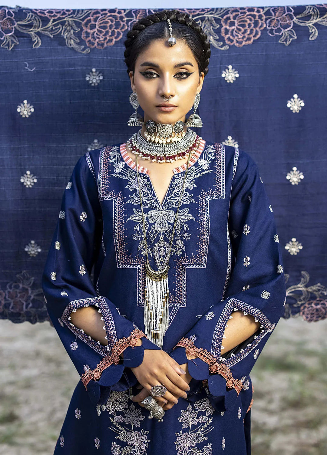 Lyra by Meerak Embroidered Peach Wool Suit Unstitched 3 Piece MRK24LW D-02 Lahu - Winter Collection