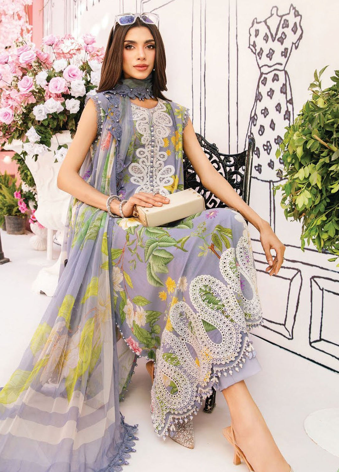 M Prints by Maria B Embroidered Lawn Suits Unstitched 3 Piece MB25MPE 4-A - Summer Collection