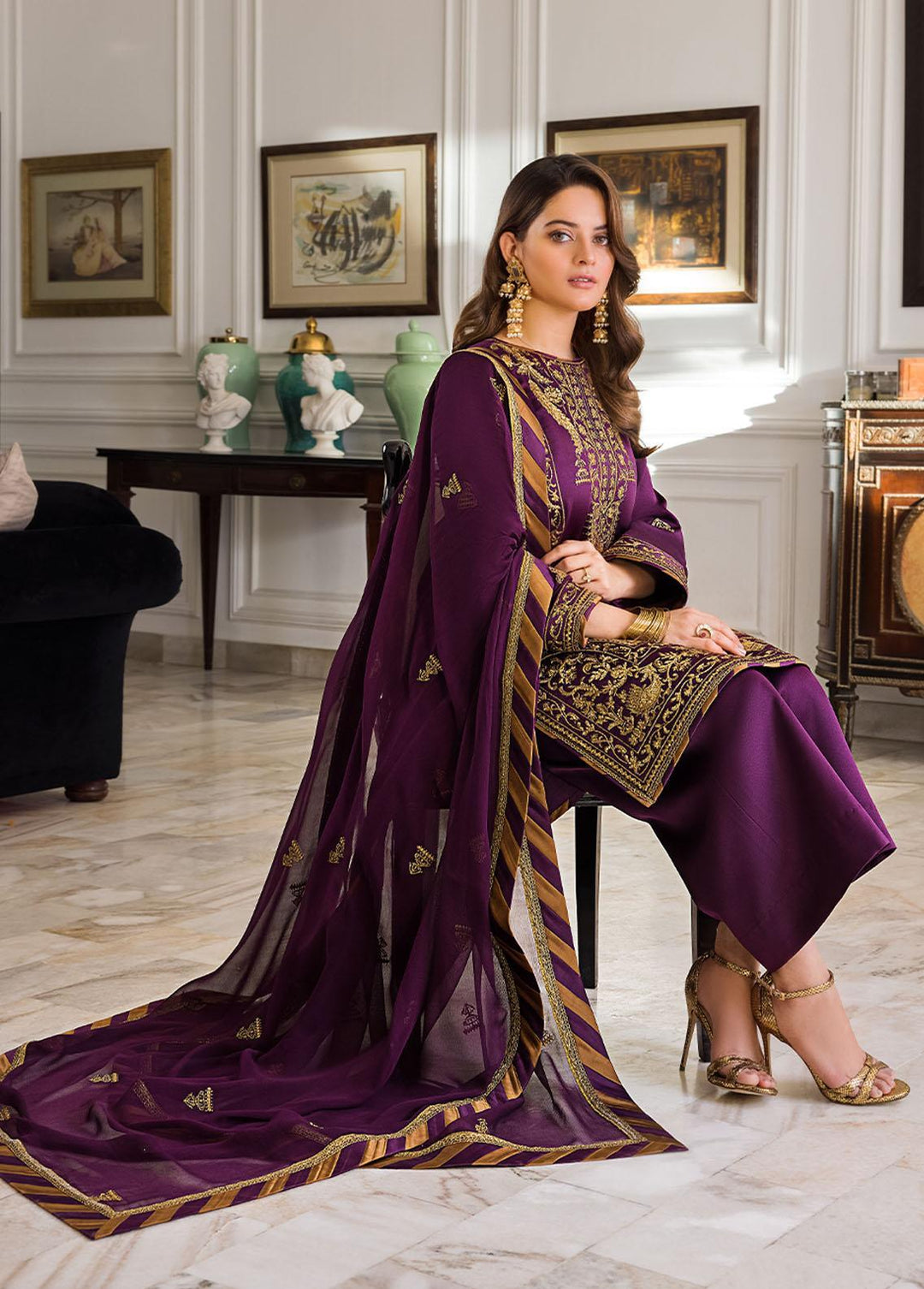Maahru & Noorie by Asim Jofa Embroidered Silk Suits Unstitched 3 Piece AJ23MN AJSM-08 - Festive Collection