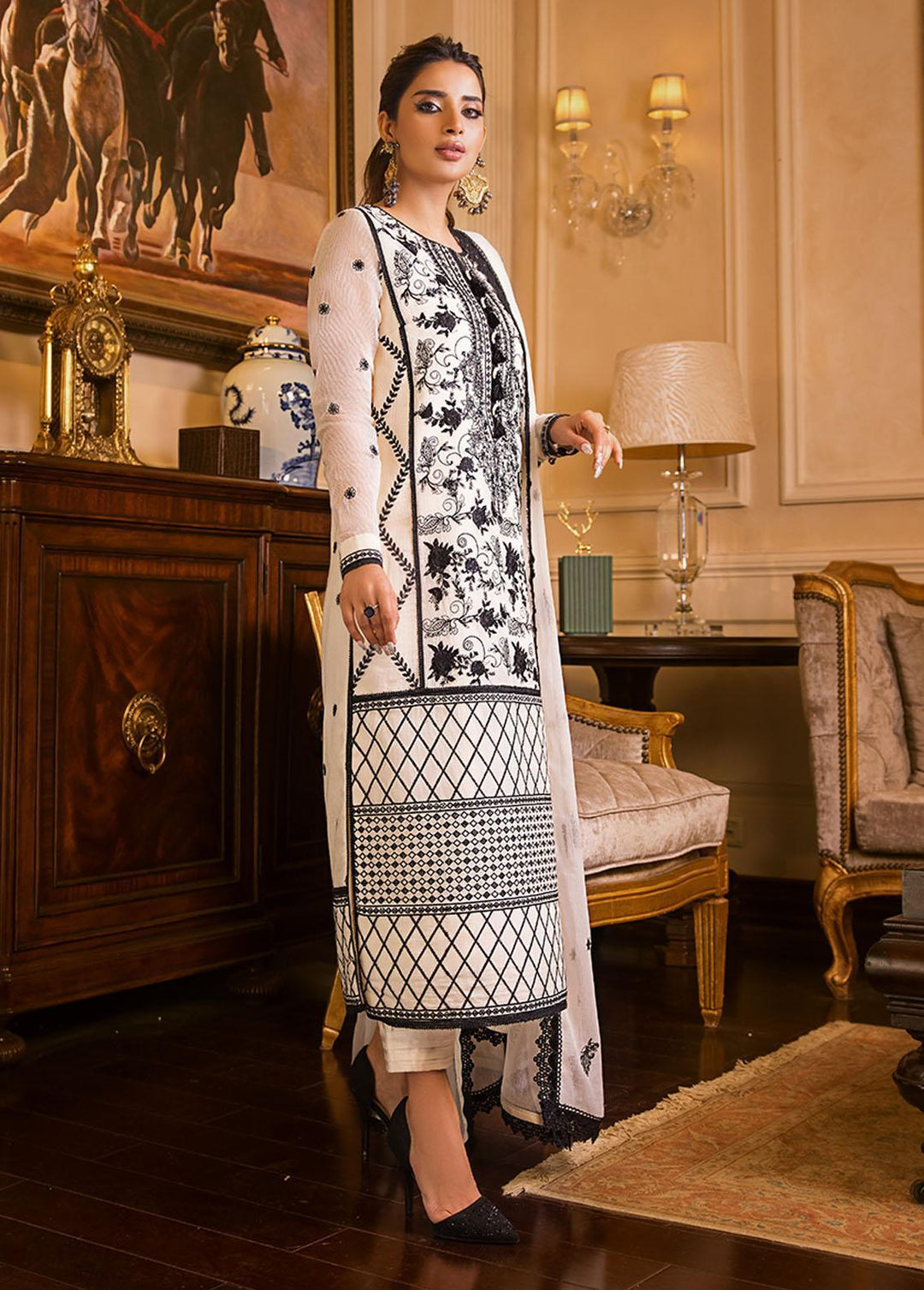 Maahru & Noorie by Asim Jofa Embroidered Cotton Net Suits Unstitched 3 Piece AJ23MN AJSM-13 - Festive Collection