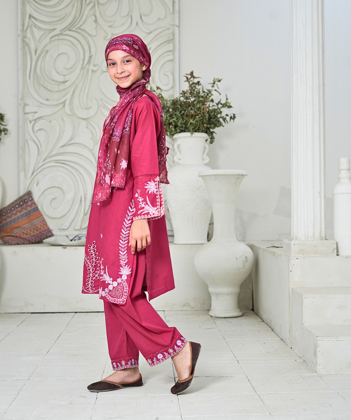 Guriya by Suntex Fabrics Girls RTW Embroidered Cotton 3 Piece Suit Magenta Blossom Festive Collection