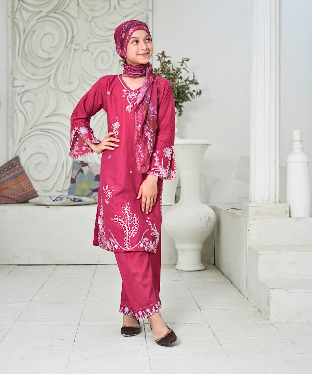Guriya by Suntex Fabrics Girls RTW Embroidered Cotton 3 Piece Suit Magenta Blossom Festive Collection