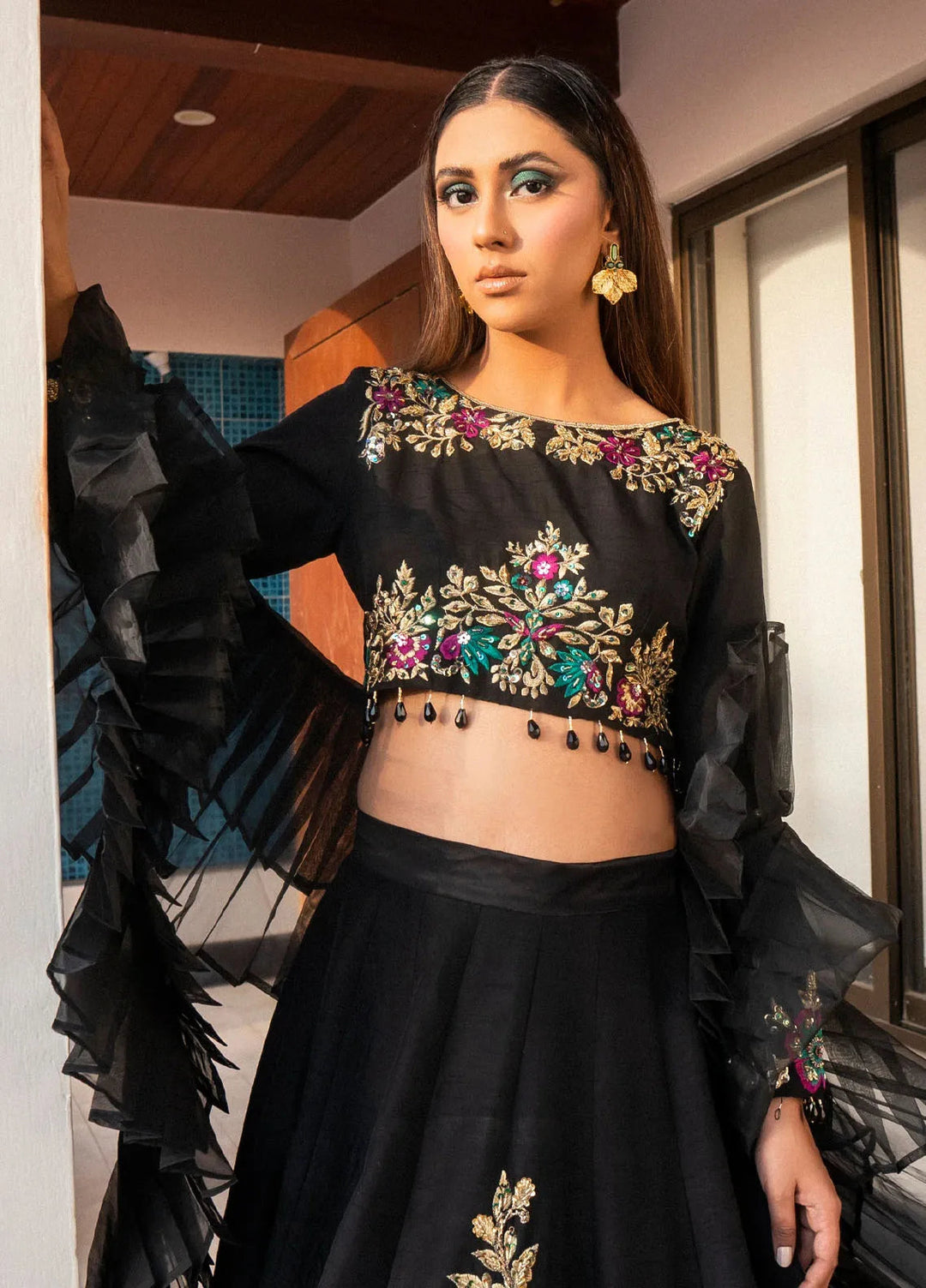 Maham Sultan Pret Embroidered Korean Silk 3 Piece Suit Black Wasl
