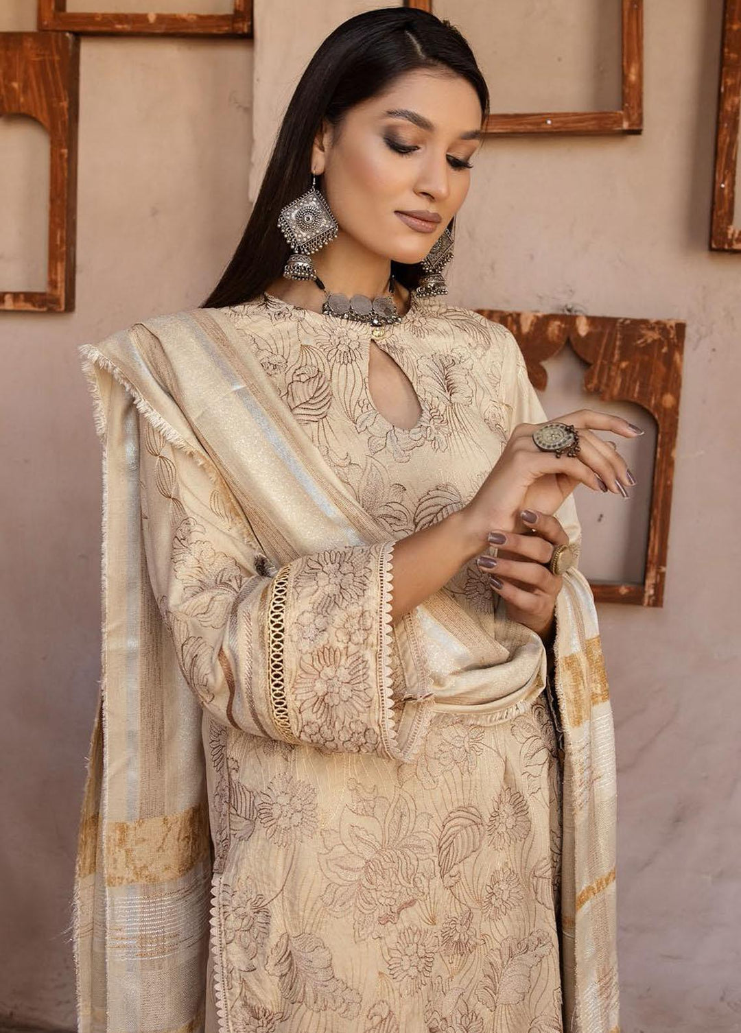 Mahee's By Riaz Arts Embroidered Leather Peach Suits Unstitched 3 Piece RA22-M7 12 - Winter Collection
