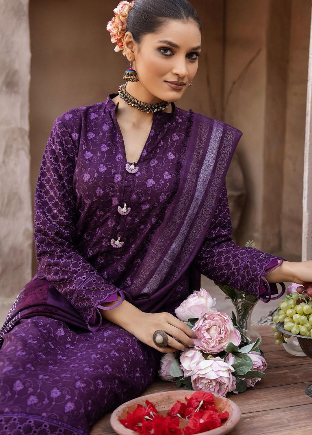 Mahee's By Riaz Arts Embroidered Leather Peach Suits Unstitched 3 Piece RA22-M7 02 - Winter Collection