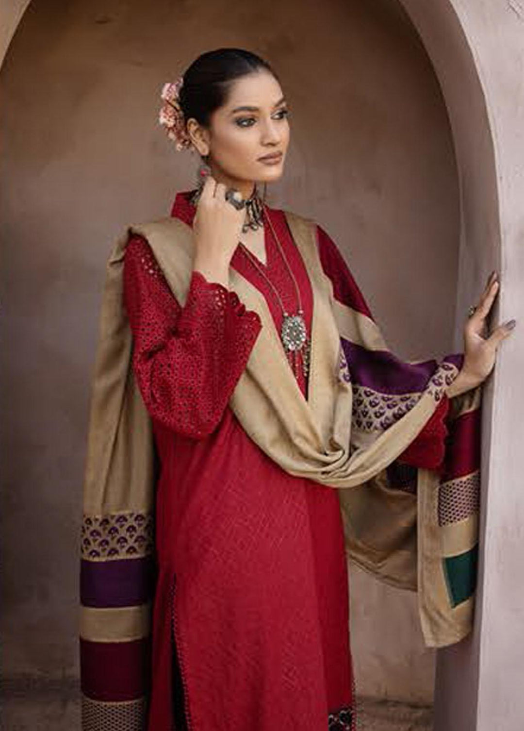 Mahee's By Riaz Arts Embroidered Leather Peach Suits Unstitched 3 Piece RA22-M7 03 - Winter Collection