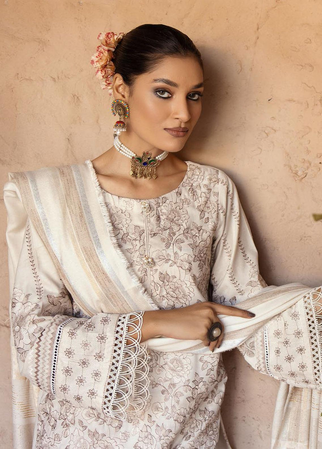Mahee's By Riaz Arts Embroidered Leather Peach Suits Unstitched 3 Piece RA22-M7 04 - Winter Collection