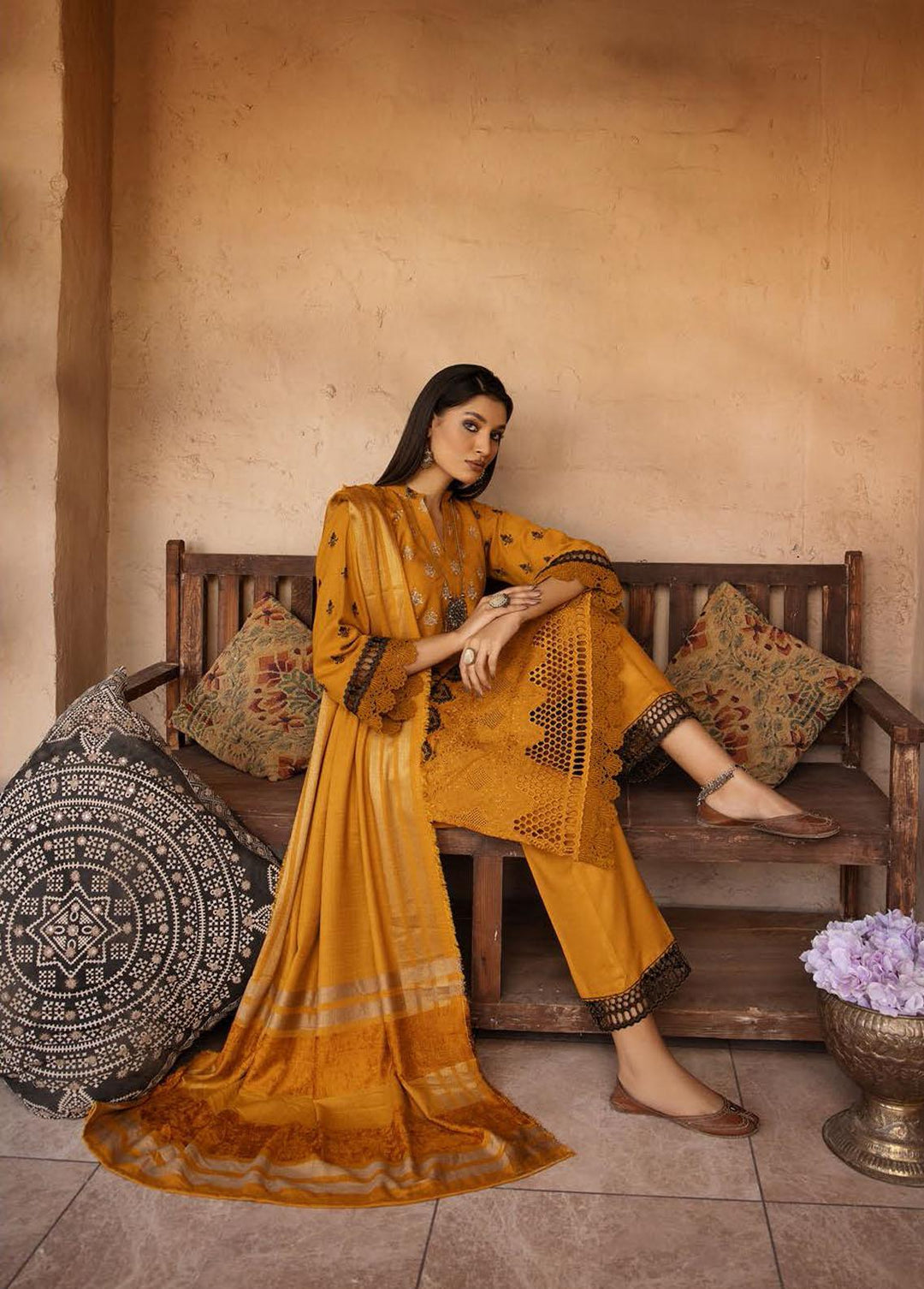 Mahee's By Riaz Arts Embroidered Leather Peach Suits Unstitched 3 Piece RA22-M7 07 - Winter Collection