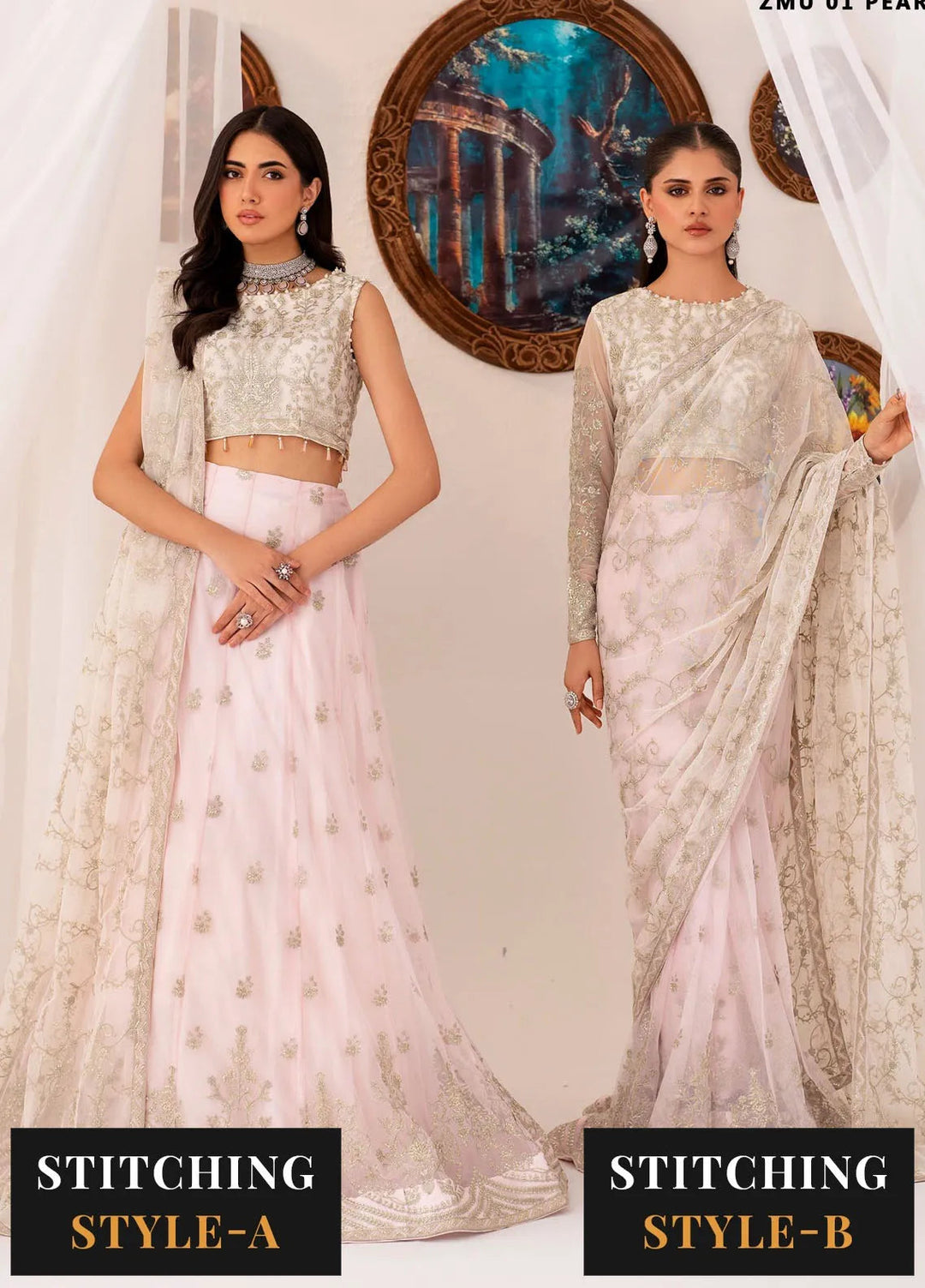 Maheer by Zarif Embroidered Net Suits Unstitched 3 Piece ZR25UF ZMU 01 Pearl - Formals Collection