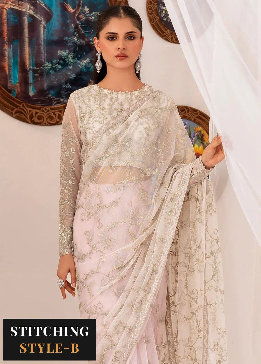 Maheer by Zarif Embroidered Net Suits Unstitched 3 Piece ZR25UF ZMU 01 Pearl - Formals Collection