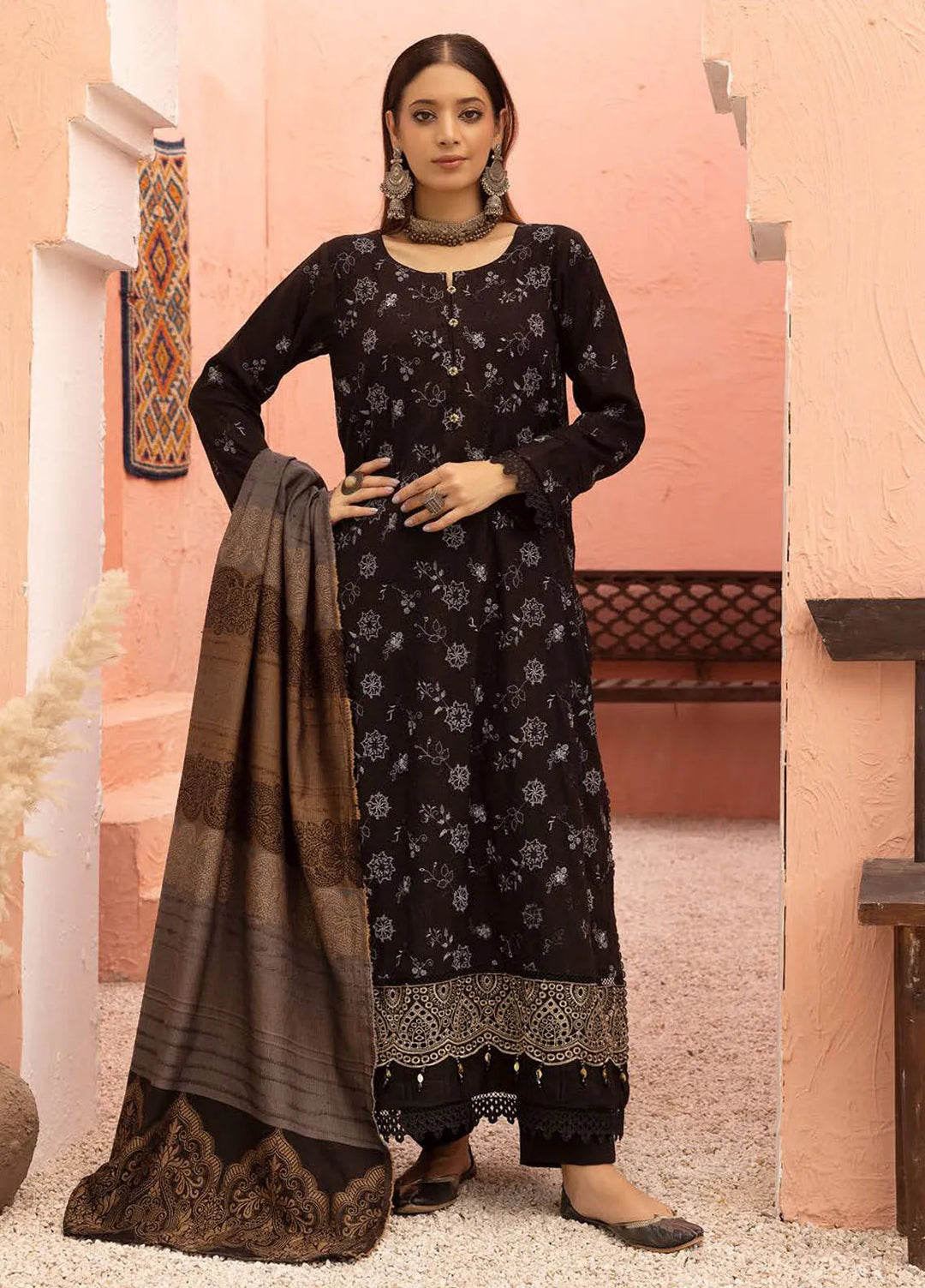 Mahees By Riaz Arts Embroidered Leather Peach Suit Unstitched 3 Piece RA24ZP D-01 - Winter Collection