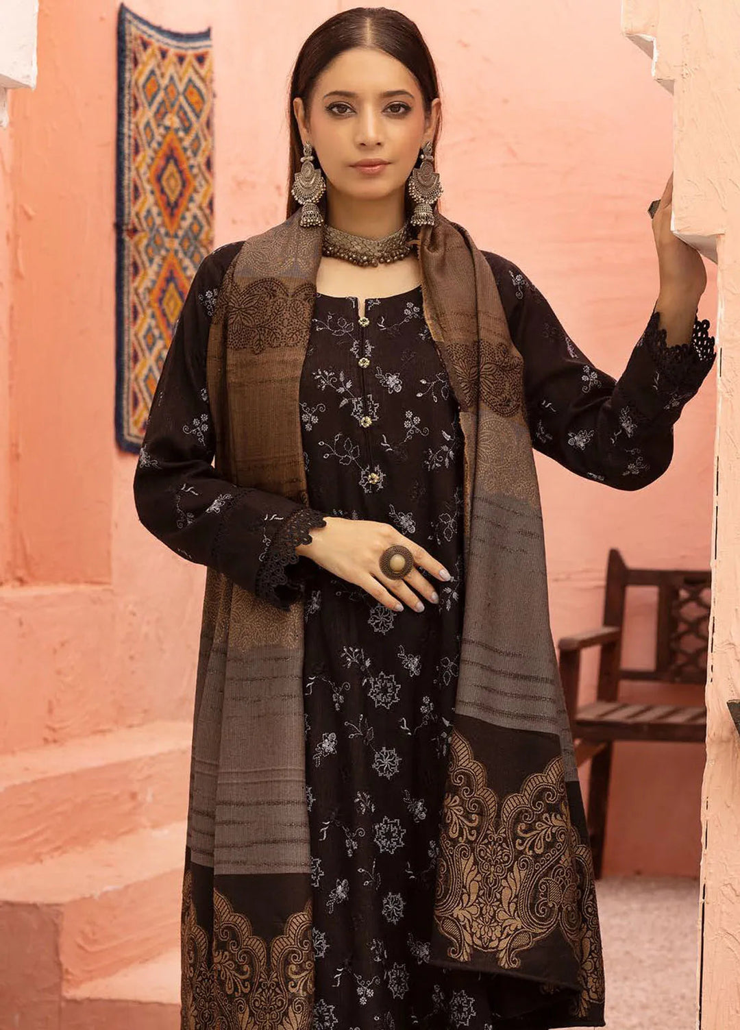 Mahees By Riaz Arts Embroidered Leather Peach Suit Unstitched 3 Piece RA24ZP D-01 - Winter Collection