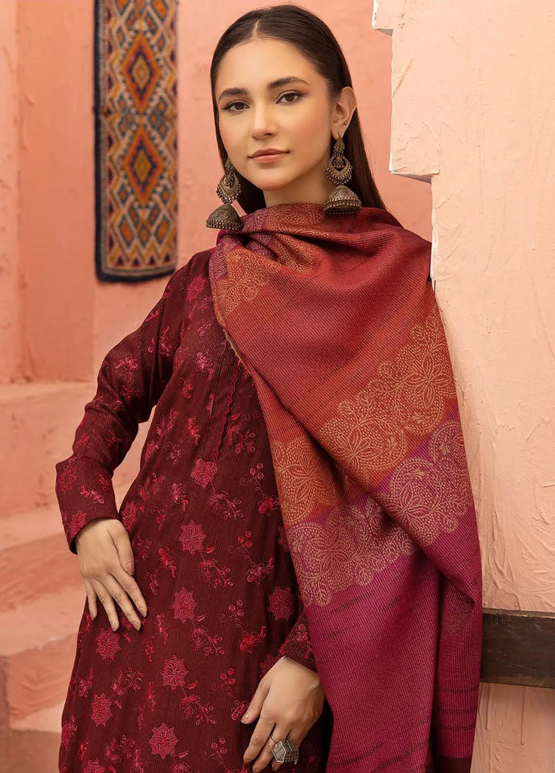 Mahees By Riaz Arts Embroidered Leather Peach Suit Unstitched 3 Piece RA24ZP D-03 - Winter Collection