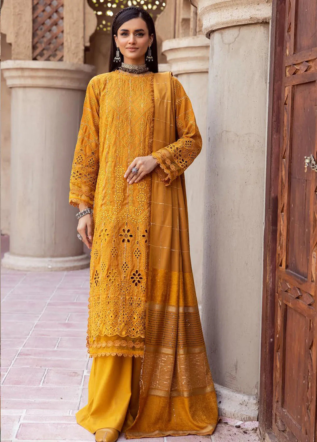 Mahees by Riaz Arts Embroidered Leather Peach Suits Unstitched 3 Piece RA24ML D-01 - Winter Collection