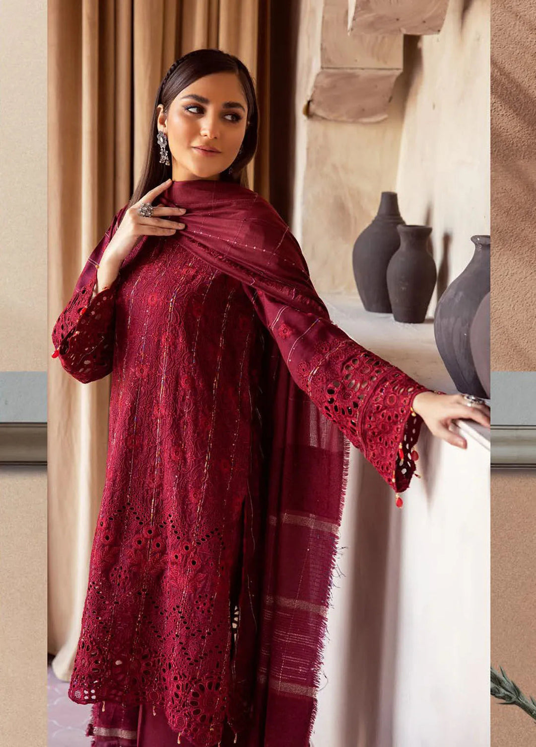 Mahees by Riaz Arts Embroidered Leather Peach Suits Unstitched 3 Piece RA24ML D-03 - Winter Collection