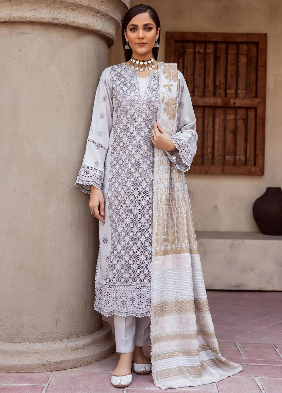 Mahees by Riaz Arts Embroidered Leather Peach Suits Unstitched 3 Piece RA24ML D-05 - Winter Collection
