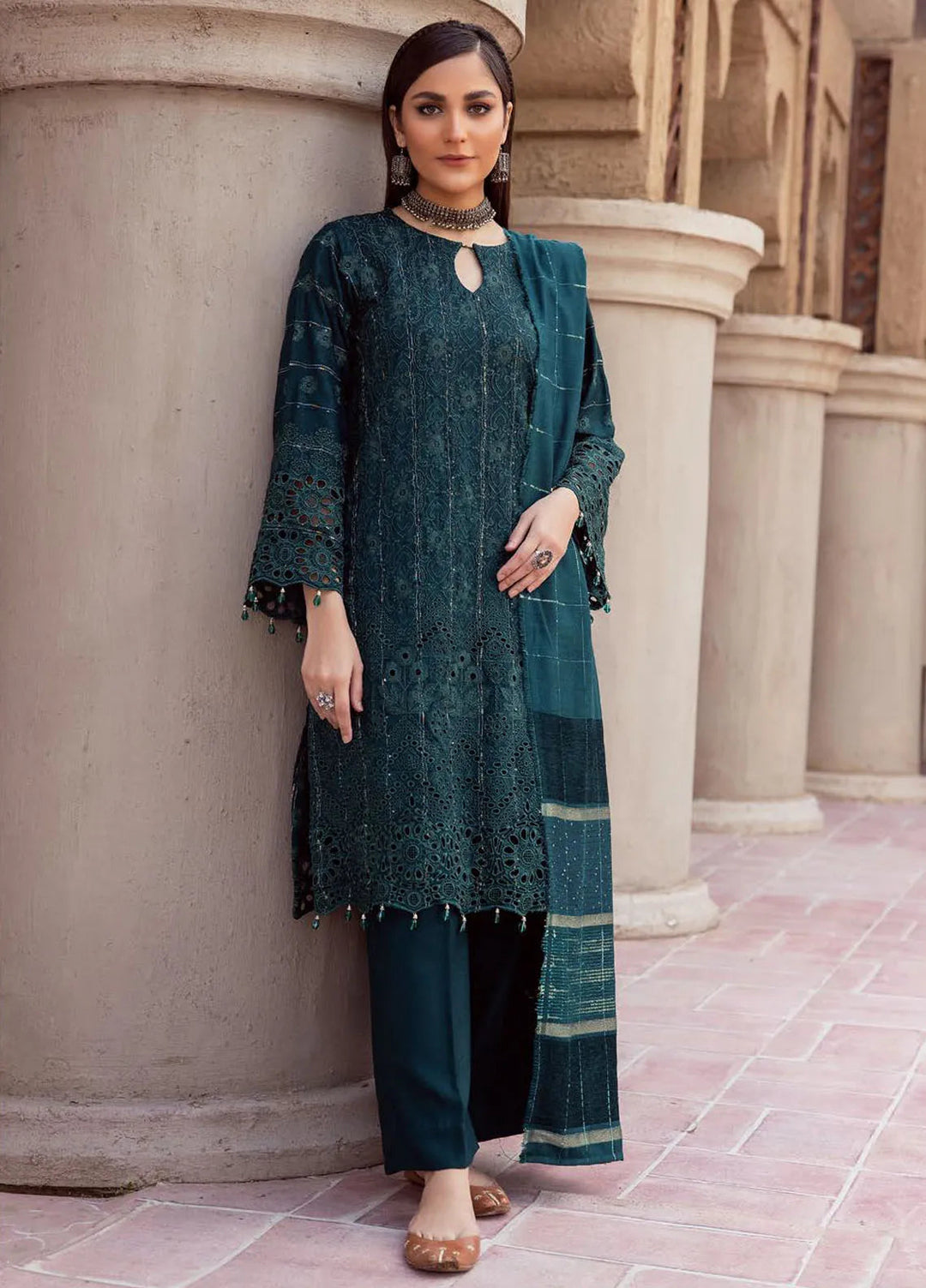 Mahees by Riaz Arts Embroidered Leather Peach Suits Unstitched 3 Piece RA24ML D-06 - Winter Collection