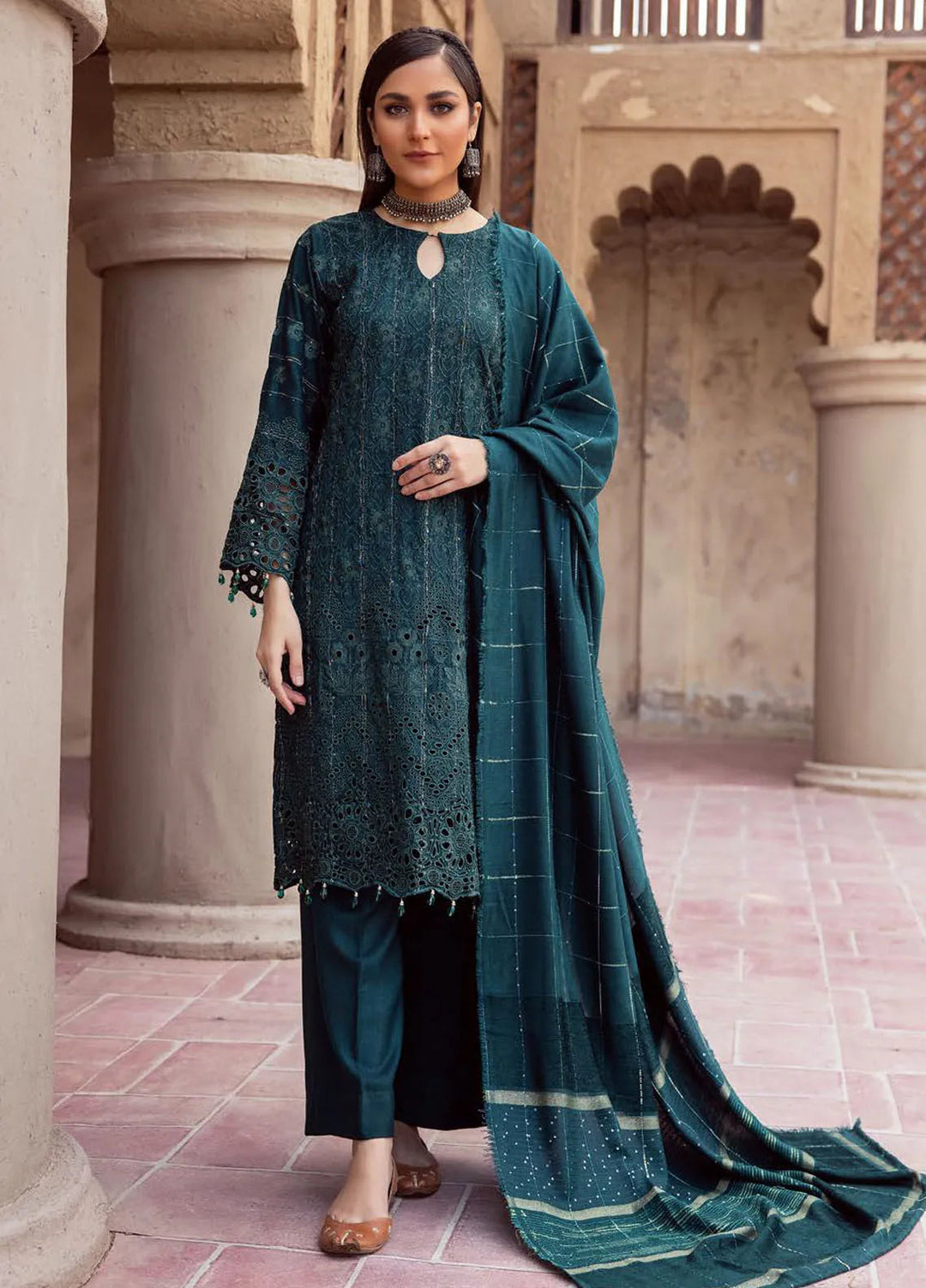 Mahees by Riaz Arts Embroidered Leather Peach Suits Unstitched 3 Piece RA24ML D-06 - Winter Collection