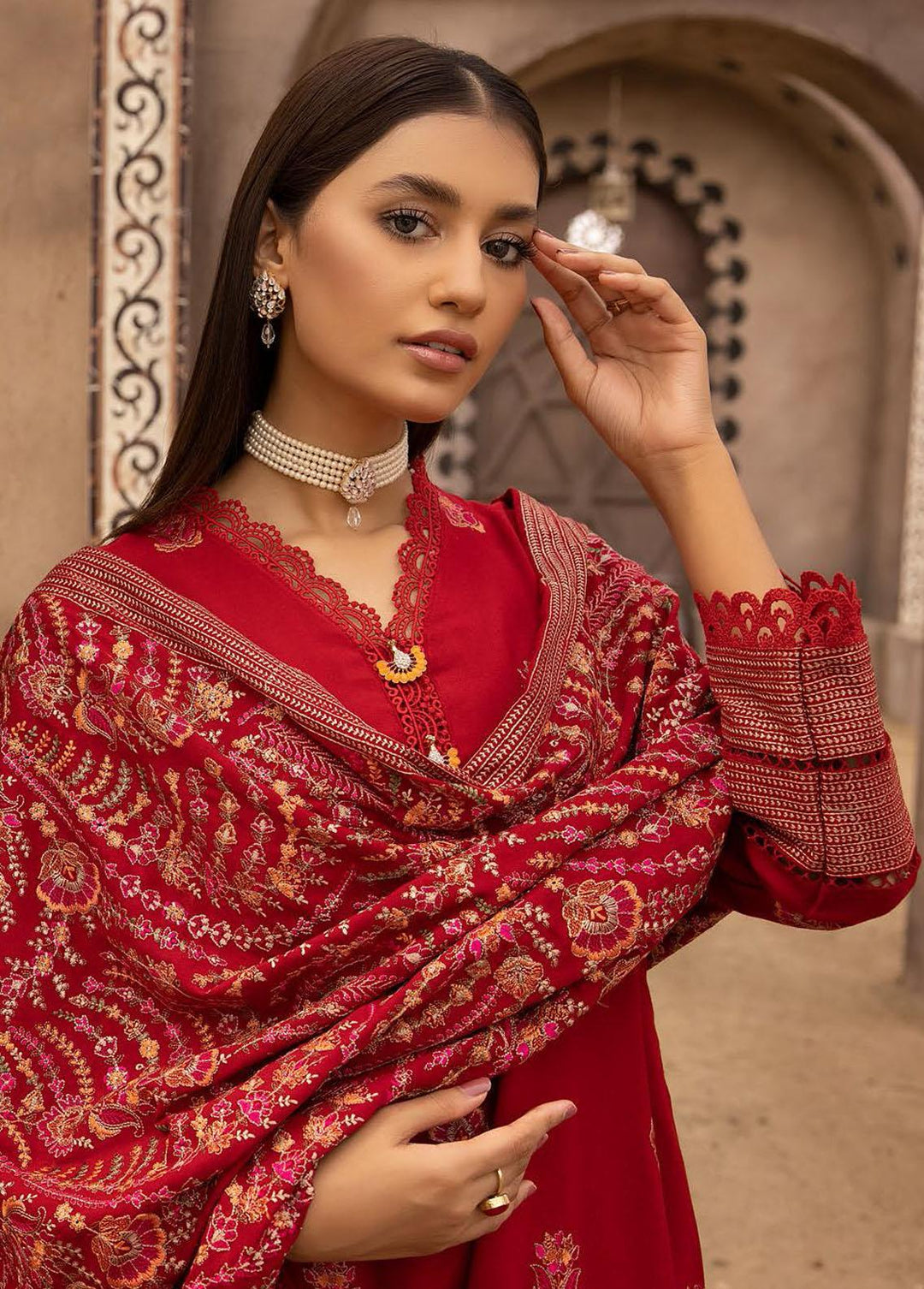 Mahees By Riaz Arts Embroidered Leather Peach Suits Unstitched 3 Piece RA22MP 01 - Winter Collection