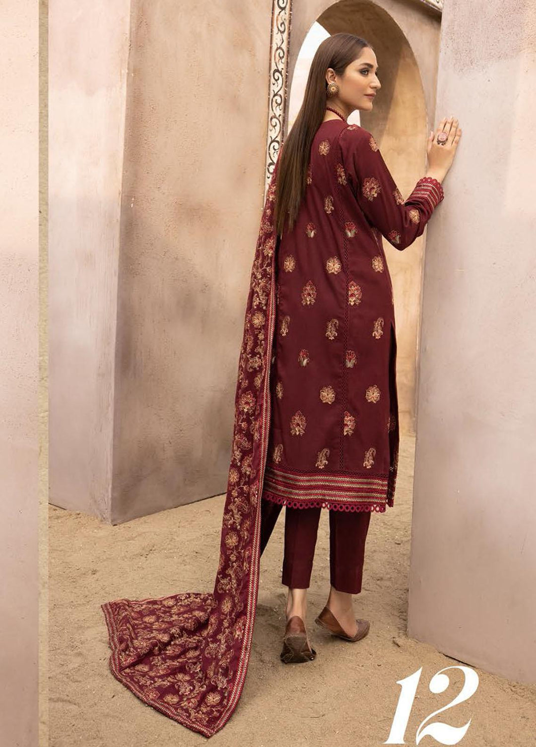 Mahees By Riaz Arts Embroidered Leather Peach Suits Unstitched 3 Piece RA22MP 12 - Winter Collection