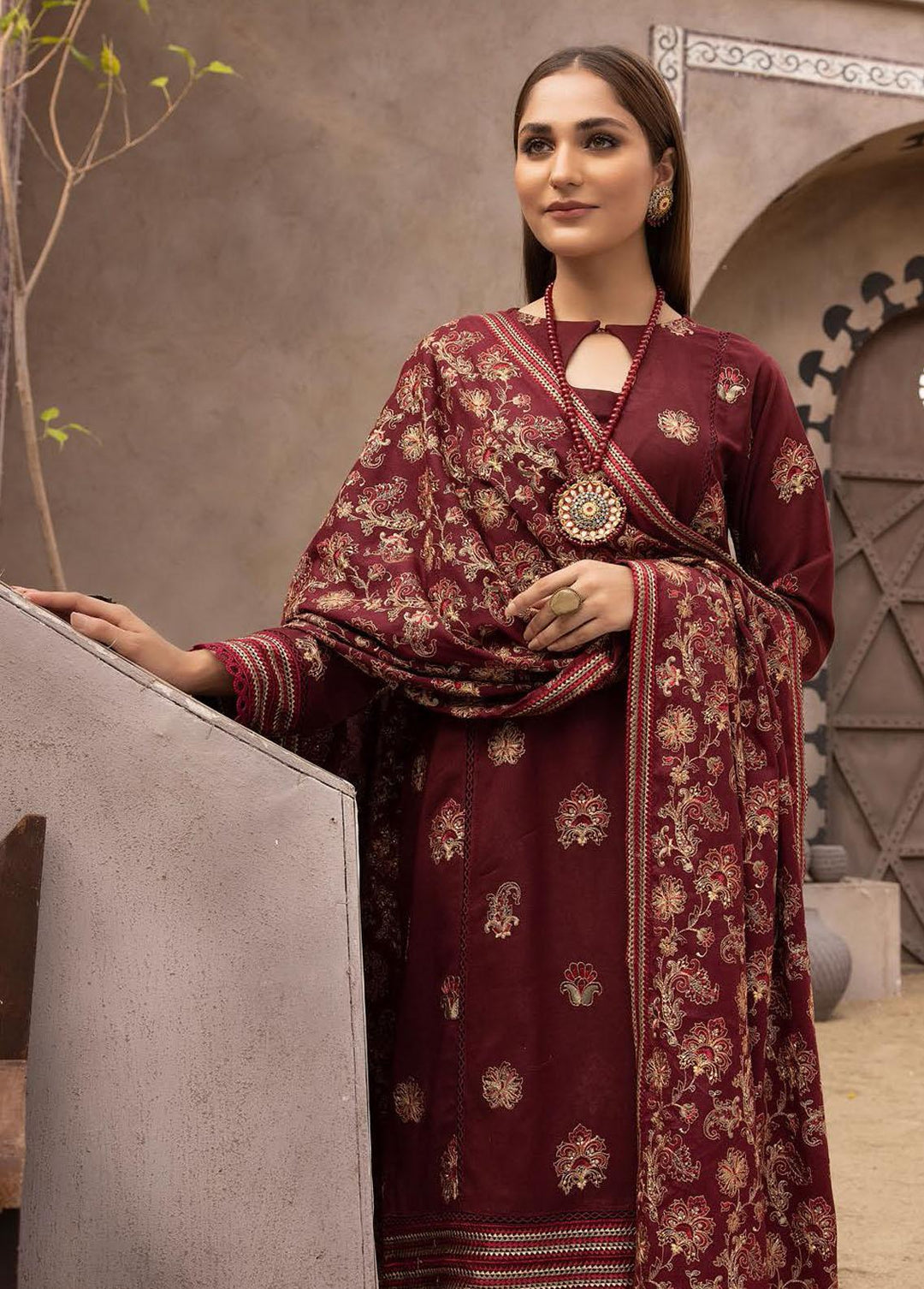 Mahees By Riaz Arts Embroidered Leather Peach Suits Unstitched 3 Piece RA22MP 12 - Winter Collection