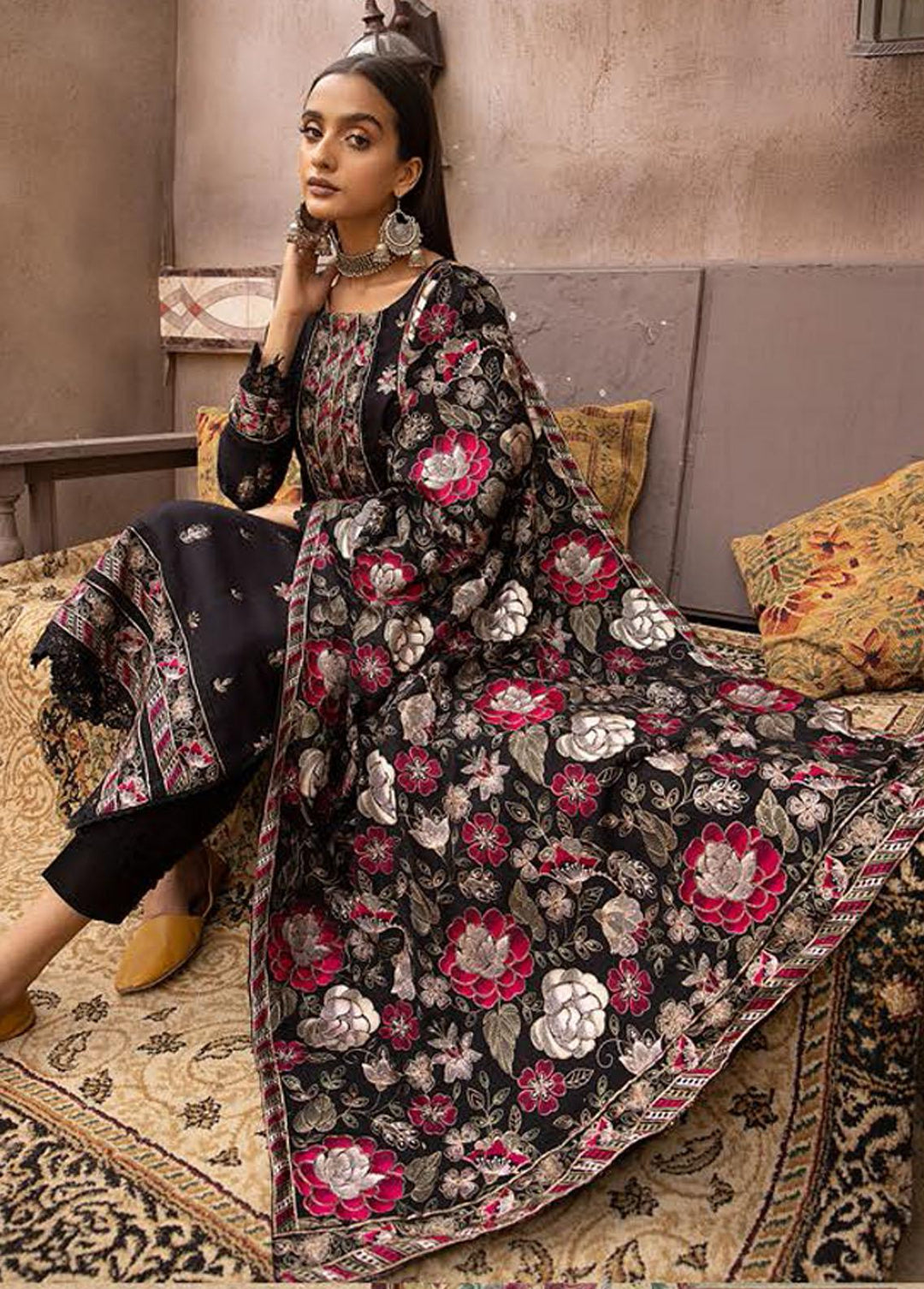 Mahees By Riaz Arts Embroidered Leather Peach Suits Unstitched 3 Piece RA22MP 02 - Winter Collection