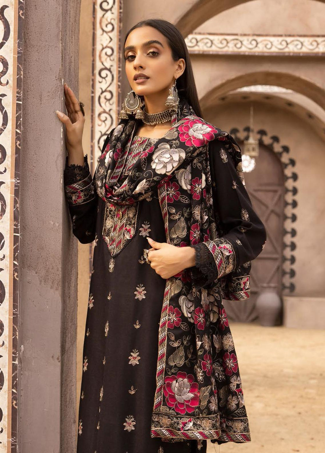 Mahees By Riaz Arts Embroidered Leather Peach Suits Unstitched 3 Piece RA22MP 02 - Winter Collection