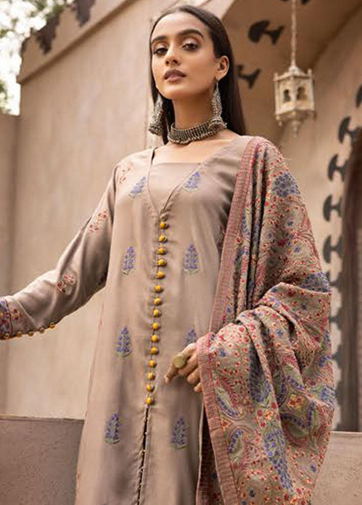 Mahees By Riaz Arts Embroidered Leather Peach Suits Unstitched 3 Piece RA22MP 03 - Winter Collection