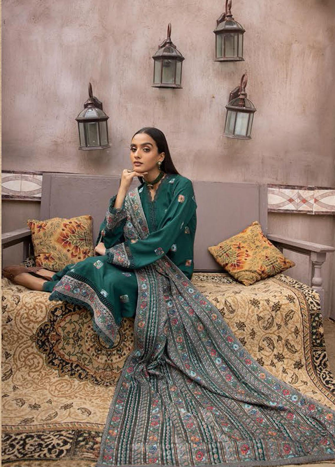 Mahees By Riaz Arts Embroidered Leather Peach Suits Unstitched 3 Piece RA22MP 05 - Winter Collection