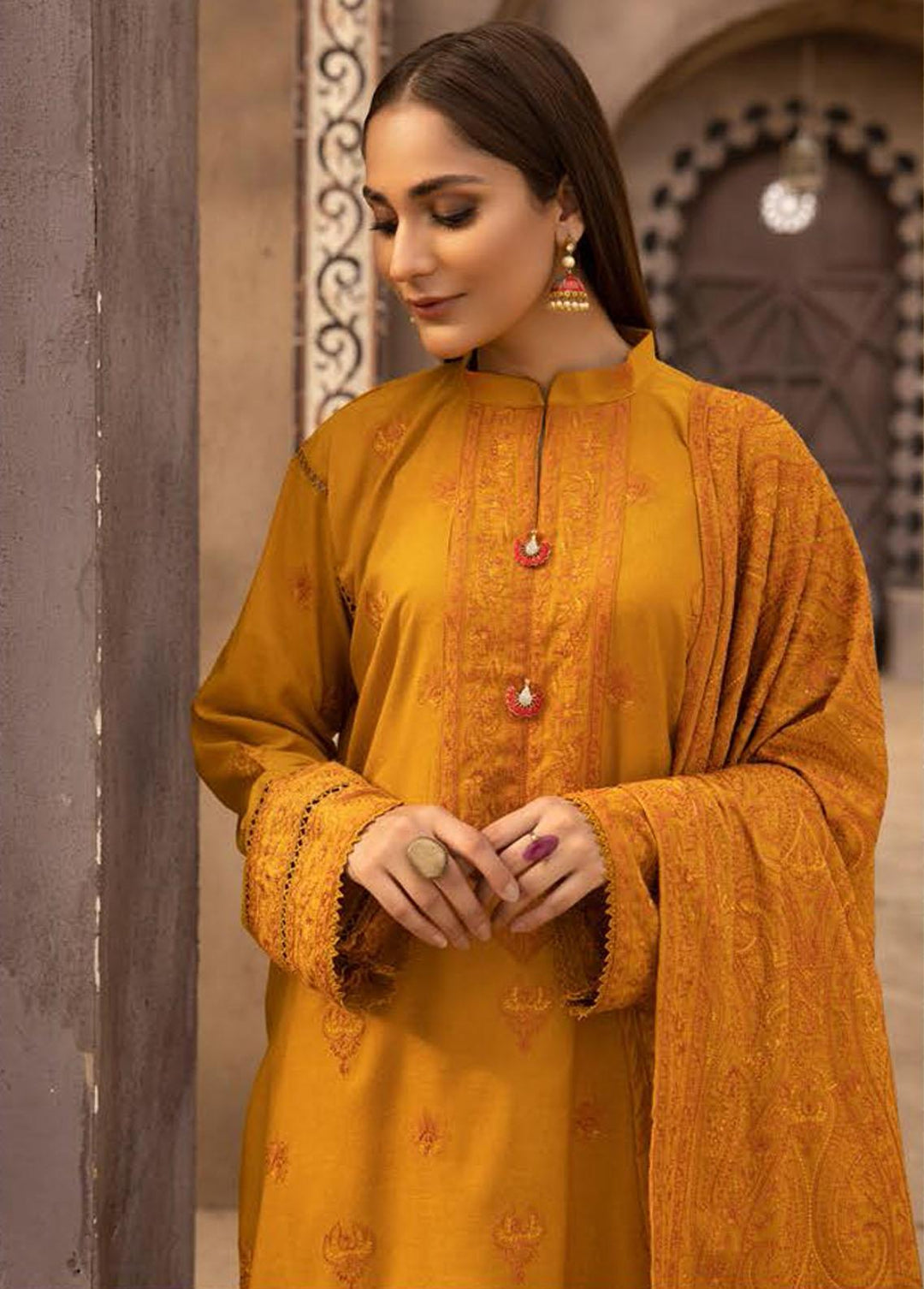 Mahees By Riaz Arts Embroidered Leather Peach Suits Unstitched 3 Piece RA22MP 08 - Winter Collection